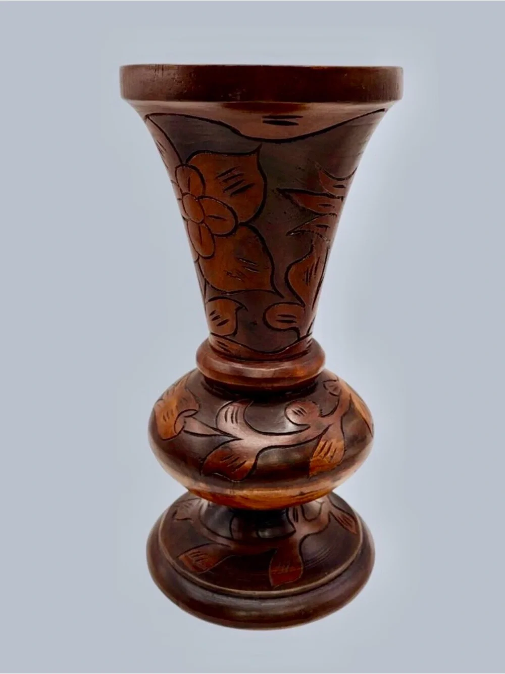 Vintage Hand Carved Wood Vase Floral Motif Pedestal Urn Rustic Decor 11
